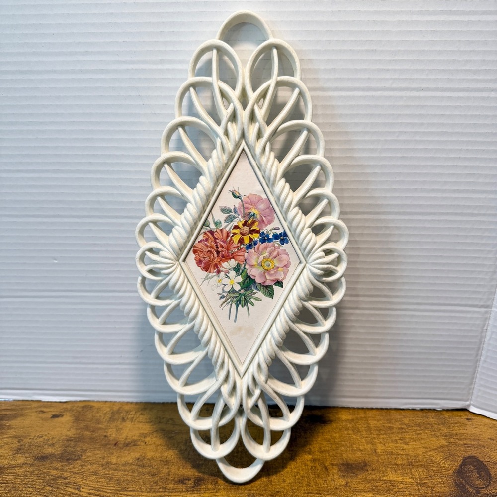 Vtg 1965 Burwood Floral Wall Hanging Plaque White Lattice Cottagecore Fairy Boho